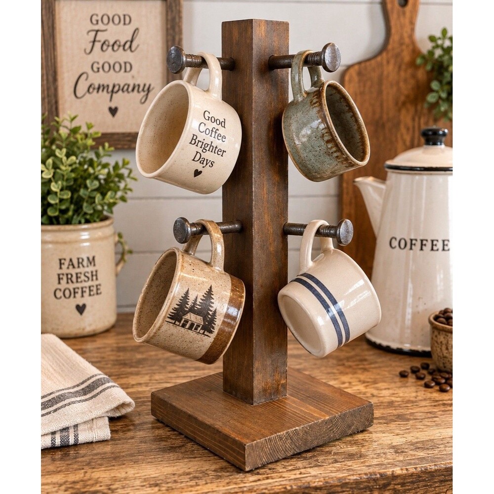 Primitive Wood Mug Tree Coffee Cup Holder Rustic Metal Nail Pegs Farmhouse Decor